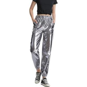 SIAEAMRG Womens Shiny Metallic High Waist Stretchy Jogger Pants, Wet Look Hip Hop Club Wear Holographic Trousers Sweatpant (Grey, XXL)