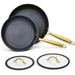 Frying Pan Set No stick with Lids, 2 Pieces 9.5 inch and 11 inch Nonstick Granite Skillet with Lids and Golden Steel Handle Chef's Pan Cookware Set, Oven Safe