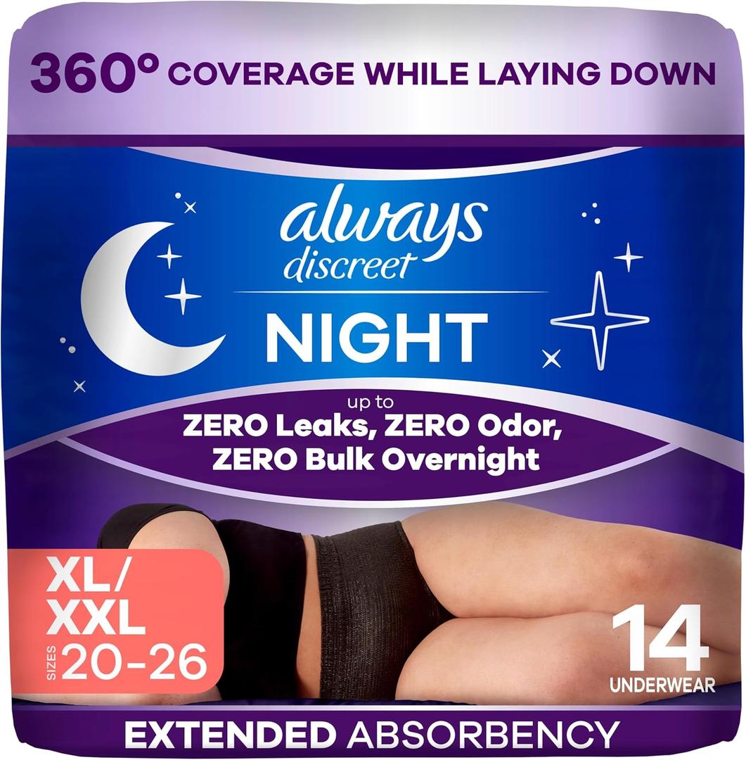 Always Discreet Night, Reimagined Adult Diapers for Women, Extended Overnight Absorbency Incontinence and Postpartum Underwear Size XL/XXL, 360 Degree Coverage While Laying Down, 14 Count