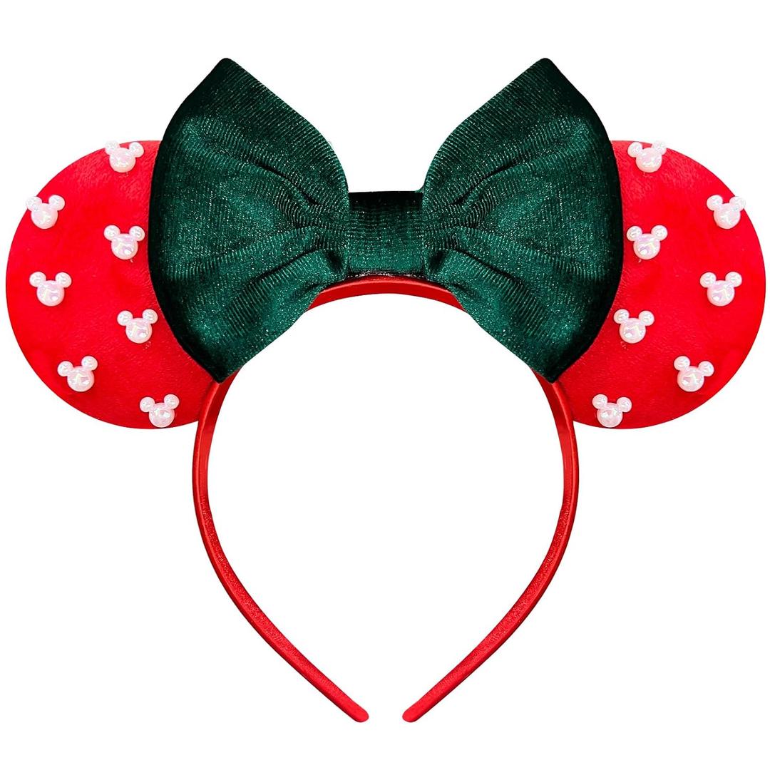 Trnerm Red & Velvet Green Fuzzy Mouse Ears Headband for Women, Cute Beads Headband with Bows, Christmas Hair Accessoires