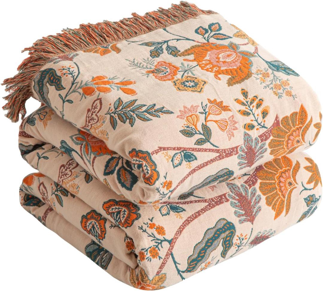 Boho Throw Blanket for Bed 60x80, 100% Cotton Woven Blanket for Couch Sofa, Ultra Soft 4-Layer Muslin Quilt with Floral Printed, Farmhouse Bed Blanket/Cover for Living Room Decor