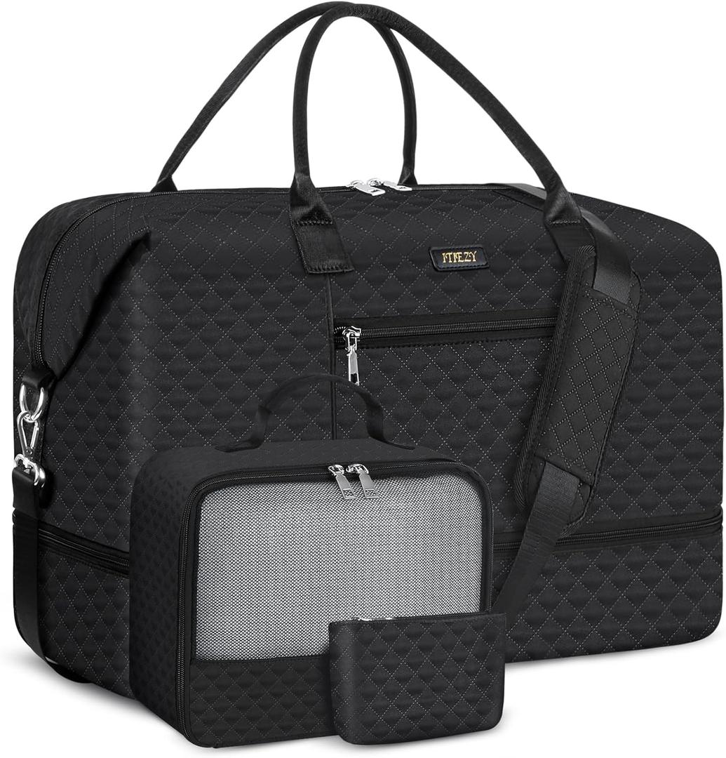 Weekender Bag for Women, Travel Duffel Bag Carry On Overnight Bag with Shoe Compartment Large Nylon Travel Weekend Tote Bag (9a-black)