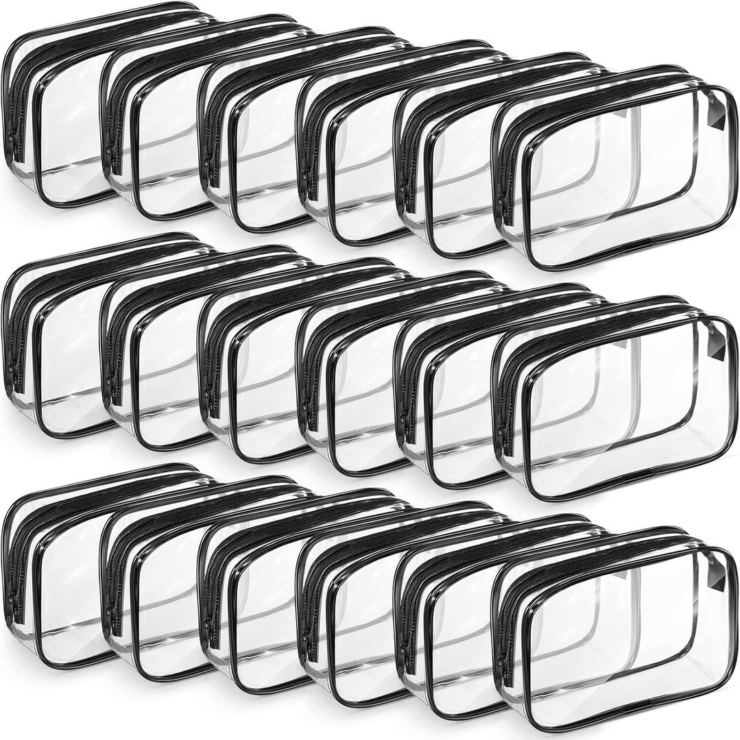 Saintrygo 18 Pack Clear Makeup Bags 7 x 5 PVC Cosmetic Bag Plastic Zippered Pouches Portable Toiletry for Women Men Travel Vacation Bathroom Organizing(Clear Color, Black Border)