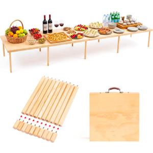 Leinuosen 120"x30" Boho Wooden Picnic Table, Portable Folding Outdoor Picnic Table with Adjustable Legs Height 13'' & 16'' for Floor Seating, Beach, Camping, BBQ, Backyard, Seating for 8-12 People