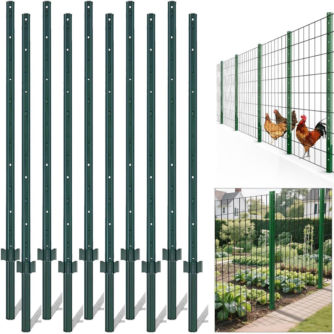 AMAGABELI GARDEN & HOME Fence Posts 3Feet 10Pack Sturdy Heavy Duty Metal Fence Post with U-Channel Steel Fence U-Post Coated Green Poles Support for Chicken Wire Fence Garden Patch Posts (3ft)