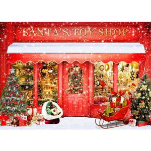Red Christmas Backdrop for Photography Santa's Toy Shop in Snowy Scene Photo Backdrop Christmas Holiday Xmas Family Holiday Party Decorations Photo Background Booth Video Studio Props 7x5ft