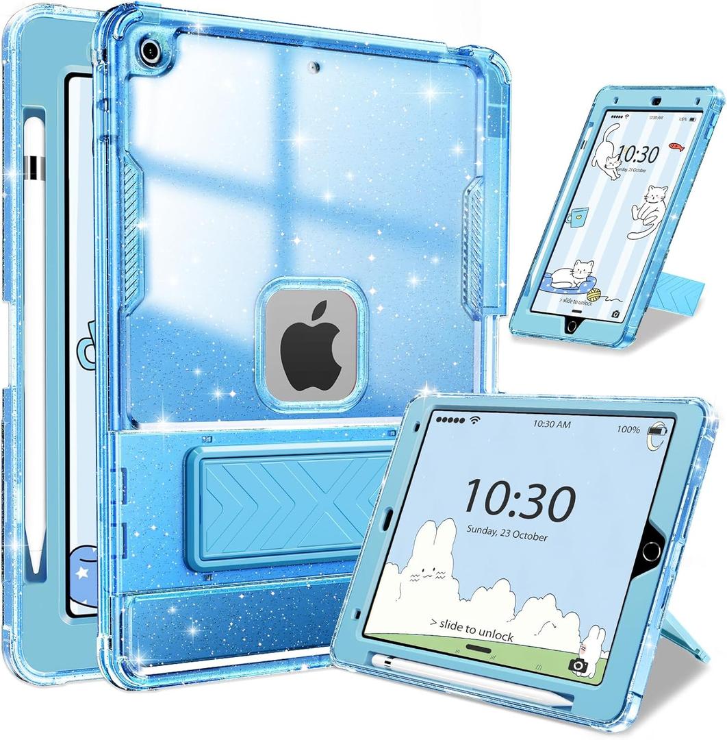 INFILAND Case for iPad 9th/8th/7th Generation 2021/2020/2019 10.2 inch Glitter Clear, Shockproof Protective Cute iPad 7/8/9 Gen Cover with Stand, Pencil Holder for Kids, Girls, Women (Blue)