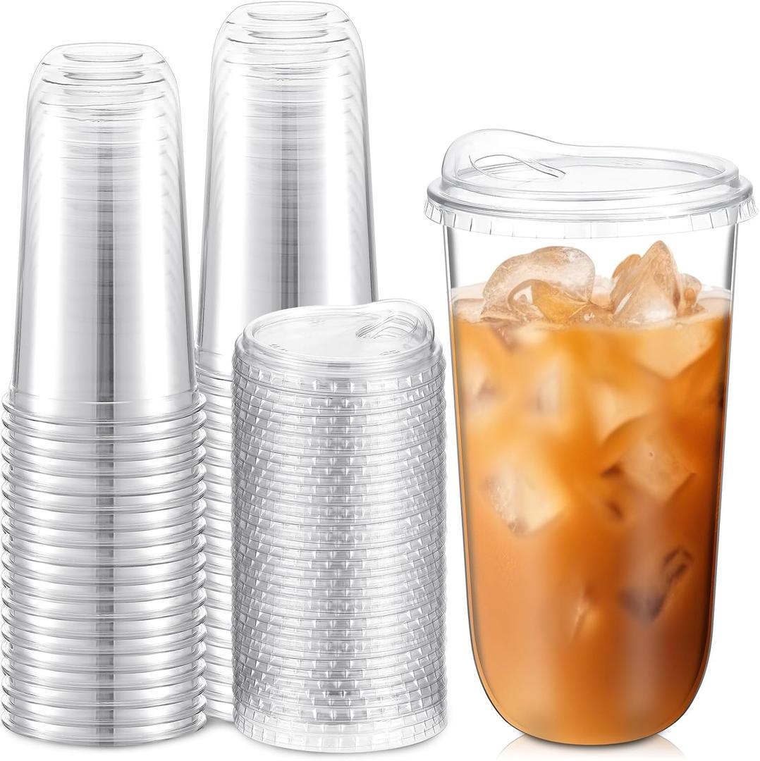 Baderke 50 Pcs Round Bottom Plastic Cups with Sip Lids Clear Disposable Iced Coffee Cups for Smoothie Cold Beverage Coffee Shops and Party Catering(20 oz,Clear)