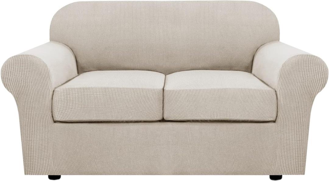 H.VERSAILTEX 3 Piece Stretch Sofa Covers for 2 Cushion Loveseat Couch Covers for Living Room Furniture Cover (Base Cover Plus 2 Seat Cushion Covers) Thicker Jacquard Fabric(Medium, Island Fossi)