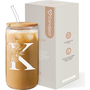 SANDJEST Monogrammed Gifts for Women - Monogram K Initial Glass Cup 16 Oz Can Coffee Cups with Lid and Straw - Monogram Initials Gifts for Womens on Birthday