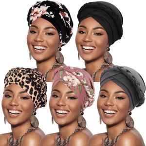 DRESHOW African Women Turban Caps Beanie Twist Headscarf Pre-Tied Twisted Braid Headwraps for Women Chemo Cancer Cap (Pink, Flower Black, Leopard, Gray, Black a)