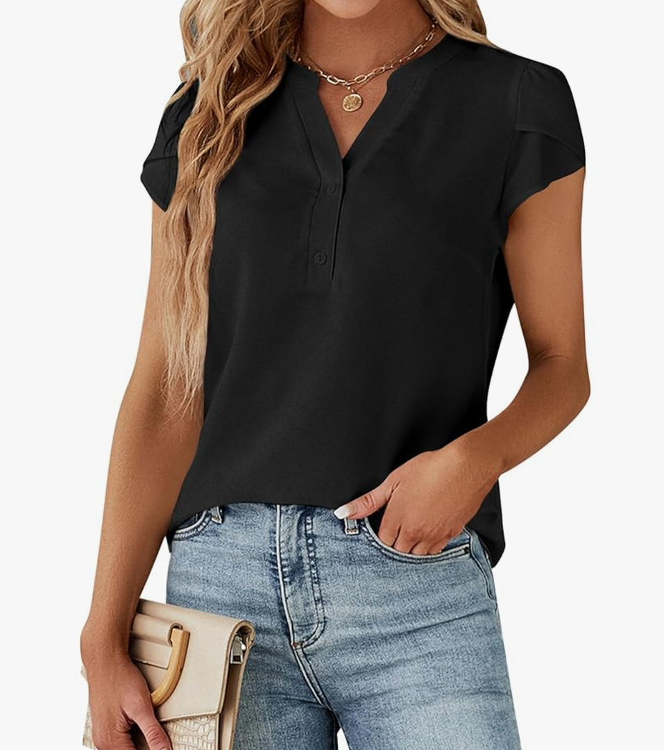 Blooming Jelly Women's Dressy Casual Tops Business Work Blouses White Button Down Shirts Cap Sleeve V Neck Tshirt 3XL