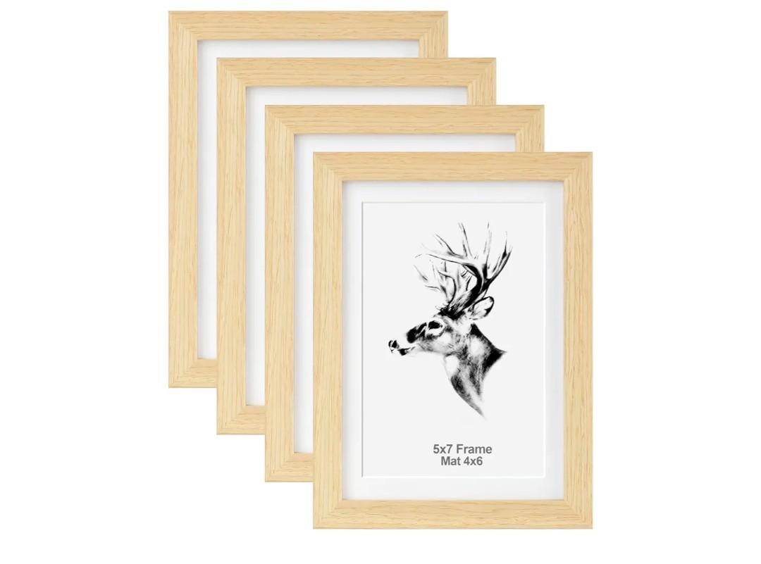 Yaetm 5x7 Oak Picture Frame with Mat for 4x6 Set of 4, Natural Solid Oak Wood Photo Frames 5 x 7 with Tempered Glass, Display on Tabletop or Wall Mounting