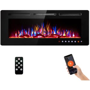 50" Electric Fireplace with Wi-Fi/Remote Control Wall Mounted and Recessed, Low Noise Fireplace with Timer, Touch Screen, Adjustable Flame Color and Speed, 750W/1500W, Log Set & Crystal