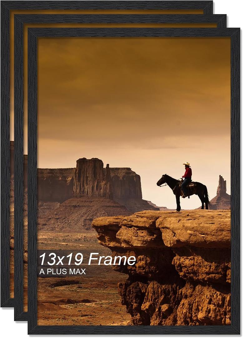 A PLUS MAX 13x19 Picture Frame Set of 3, Black Engineered Wood Frame for 13 x 19 Inch Picture Poster Photo, Light Weight 13 by 19 Frame with Wood-grain for Wall - 3 Pack/Black/13 x19