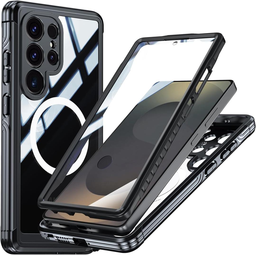 Miimall Strong Magnetic for Samsung Galaxy S25 Ultra Case,[Built-in Glass Screen Protector][Compatible with Magsafe][Military Shockproof Dropproof]Full Heavy Duty Phone Case for S25Ultra, Black/Clear
