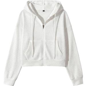 Yimoon Cropped Hoodie Women Zip Up Crop Hoodie Waffle Knit Sweatshirt Jackets (White, XL)