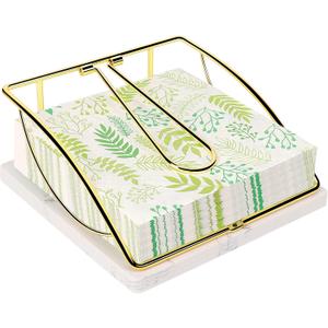 Flat Napkin Holder with Marble Base, Square Metal Kitchen Napkin Storage, Tissue Dispenser for Table (Gold)
