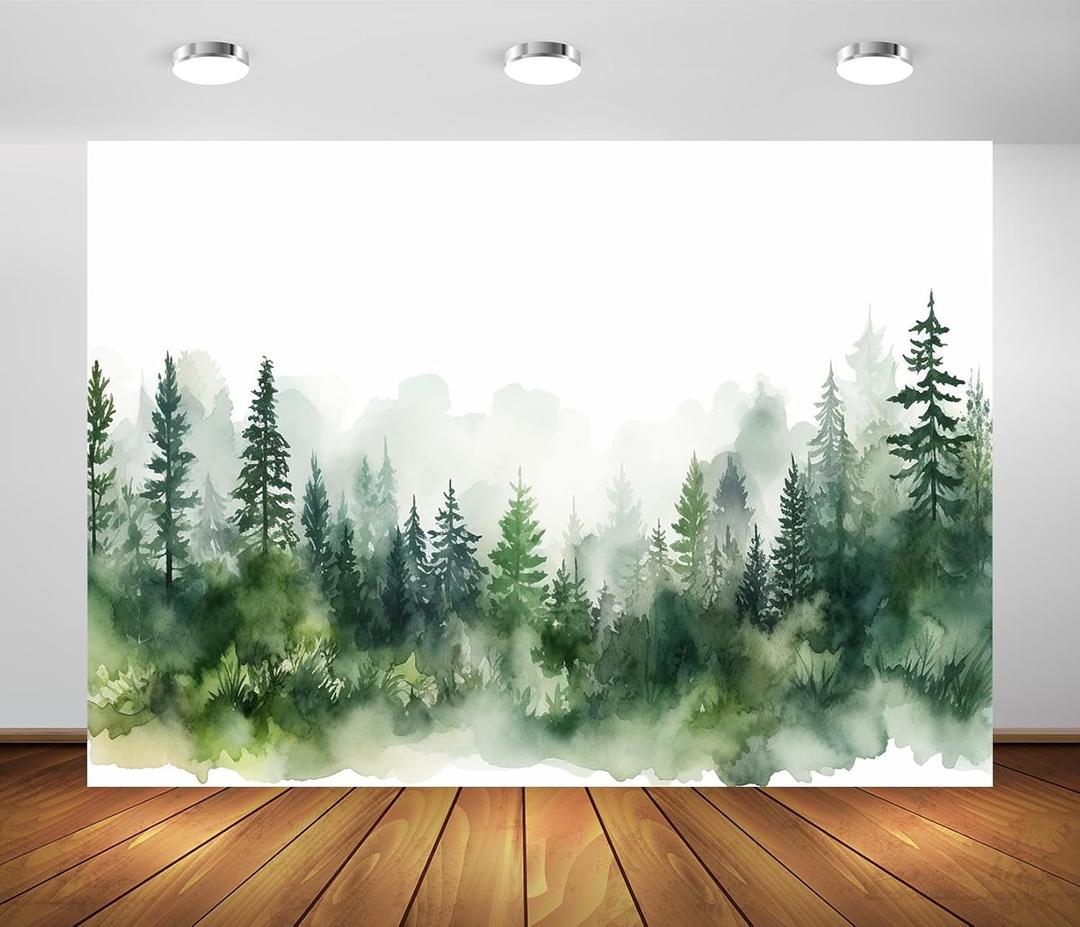 BELECO 8x6ft Fabric Watercolor Forest Backdrop Misty Forest Trees Spruce Forest Silhouette Background for ChristmasParty Decoration Banner Birthday Baby Shower Kids Adults Portrait Photo Props (CHA21906)