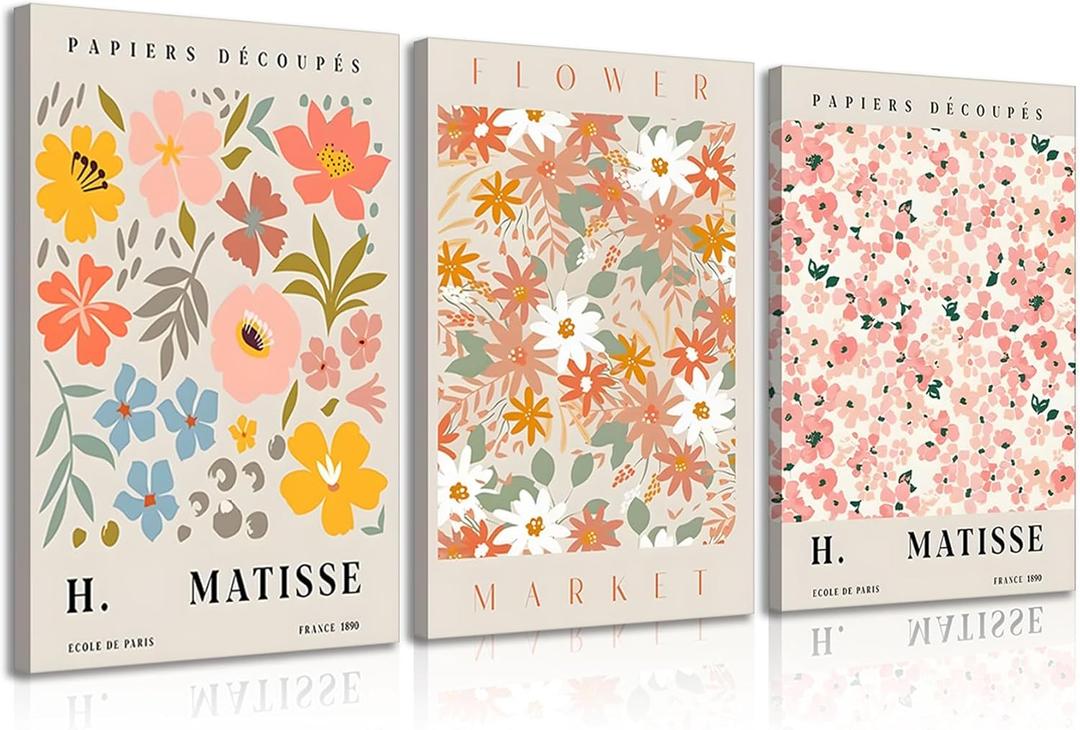 3Pcs Flower Market Canvas Wall Art Danish Pastel Wall Decor Pictures Pink Aesthetic Posters Prints for Living Room Hallway Bedroom Home Decoration Prepare to hang