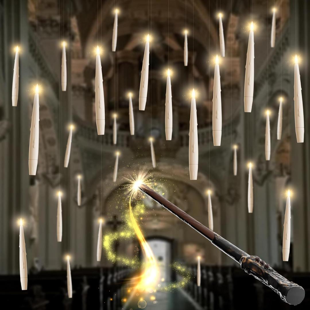 JOIONE Floating Candles with Wand, 12 Pack Hanging Candles with Magic Wand Remote, Battery Powered Floating Candles with Wand, Flameless Magic Hanging Taper Candles for Xmas Halloween Decor, Ivory