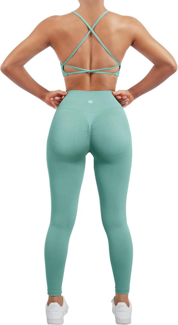 SUUKSESS Women Seamless Workout Sets Strappy Sports Bra High Waist Booty Leggings Outfits (2-4, #2 Light Green)
