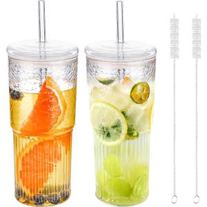22oz Glass Tumblers with Glass Lids and Straws - Stylish Vintage Ribbed Design for Iced Coffee, Juice, Smoothies, Milkshakes, Cold Beverages & Whiskey Cocktail Beer (2pack-22OZ-Glass lid)