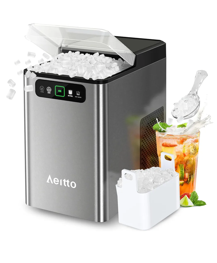 Aeitto Nugget Ice Maker 40Lbs/24H, Countertop Soft Chewable Ice Pebble Ice Machine, One-Click Operation, Auto Self-Cleaning Ice Makers with Scoop&Basket for Home, Office, Kitchen, Party (Grey)