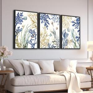 Large Framed Ocean Wall Art Coral Canvas Pictures 16"x24" 3 Pieces Coastal Starfish Shell Conch Marine Painting Artwork Beach Canvas Prints for Living Room Bedroom Bathroom Office Home Decor,  navy, 16"x24"x3 Framed)