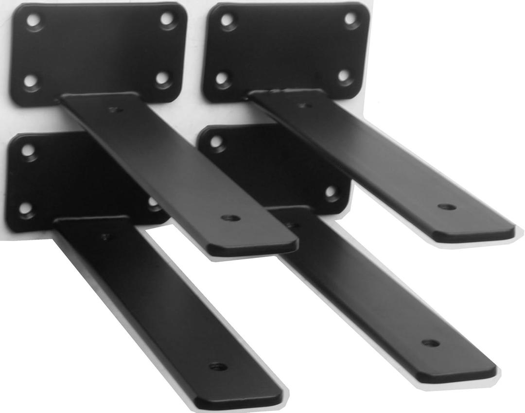 4 Pack - 8 inch Black Hidden L Shelf Bracket (1/5 Inch Thick) Iron Floating Shelf Brackets Rustic Industrial Metal Brackets for Shelf Support