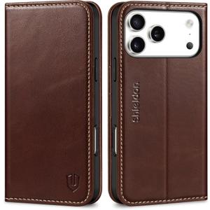 SHIELDON Genuine Leather Case for iPhone 17 Pro Max 6.9" 2025 | Folio Wallet | Magnetic Closure | Kickstand | RFID Blocking 3 Card Slots | Shock-Absorbent Phone Cover | Retro Coffee