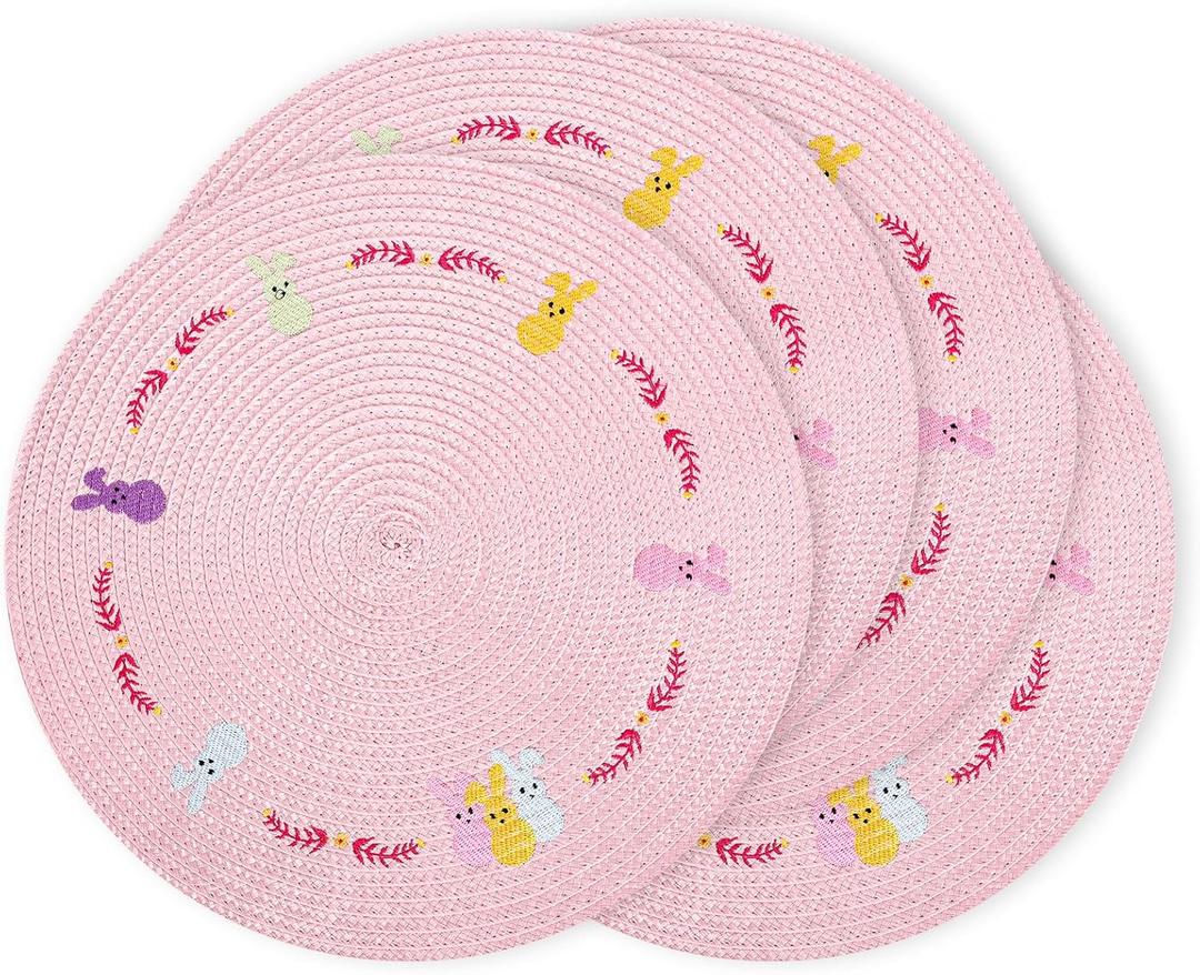 Whaline 4Pcs Easter Bunny Round Placemats Pink Rabbit Embroidered Place Mats Spring Cute Kitchen Table Mats for Home Wedding Baby Shower Birthday Dinner Party Decor