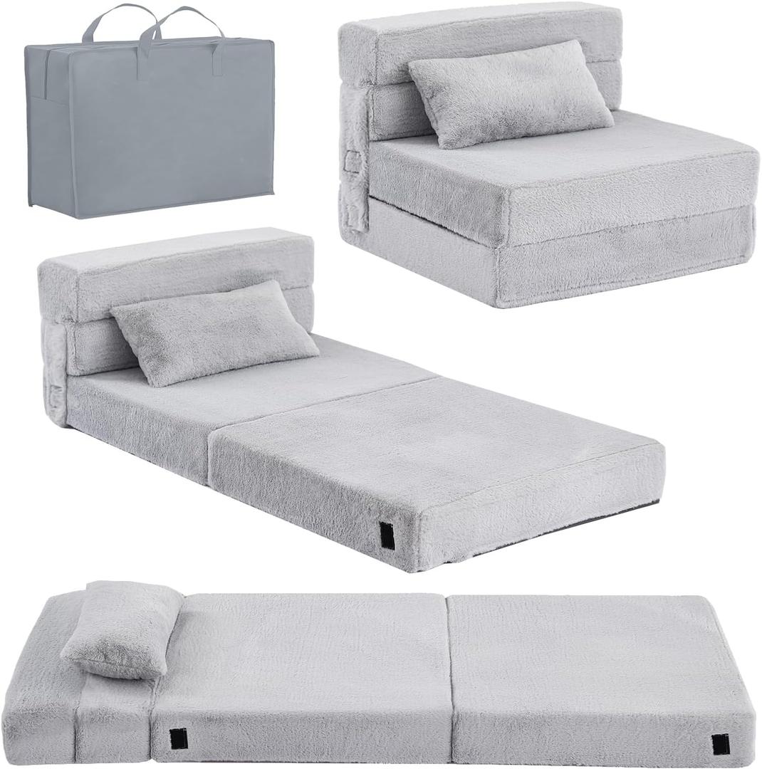 Tiita Kids Floor Mattress for Toddler, Child Fold Up Sofa Couch Convertible Futon Folding Chair with Storage Bag for Kids, Plush Grey, 63"D x 26"W x 5"H - Kids
