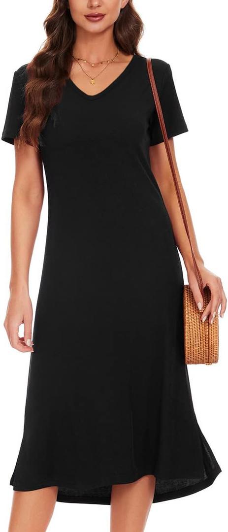 VOBCTY Women's Casual Short Sleeve Tshirt Dress Summer Side Split Loose V Neck Dresses (X-Large, 00-black)
