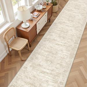 3x14 Washable Runner Rug for Hallway, Non-Slip Long Hallway Runner for Entryway, Soft Vintage Kitchen Mats for Floor, Abstract Dining Room, Bedroom, Living Room Rugs(3'x14', Beige/Ivory)