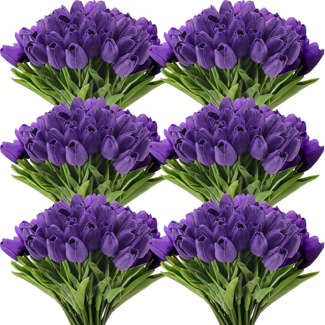 Janinka 50pcs Artificial Tulip Flowers Fake PU Tulips Faux Latex Bouquet Flower Centerpieces Arrangement Floral for Mother Day Wedding Spring Decorations (Dark Purple)