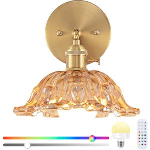 Vintage Wall Sconce, Battery Operated Wall Sconce with Amber Glass Lampshade, Indoor not Hardwired Wall Sconces with Remote, Rechargeable RGB Vintage Wall Lamp, for Bedroom Living Room, etc.