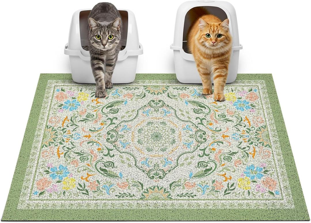 Glittme Cat Litter Mat with Non-Slip Bottom Litter Box Mat 33"X22" Litter Trapping Mat Easy to Clean Washable Cat Food Mat for Kitty,L (Bean Green)