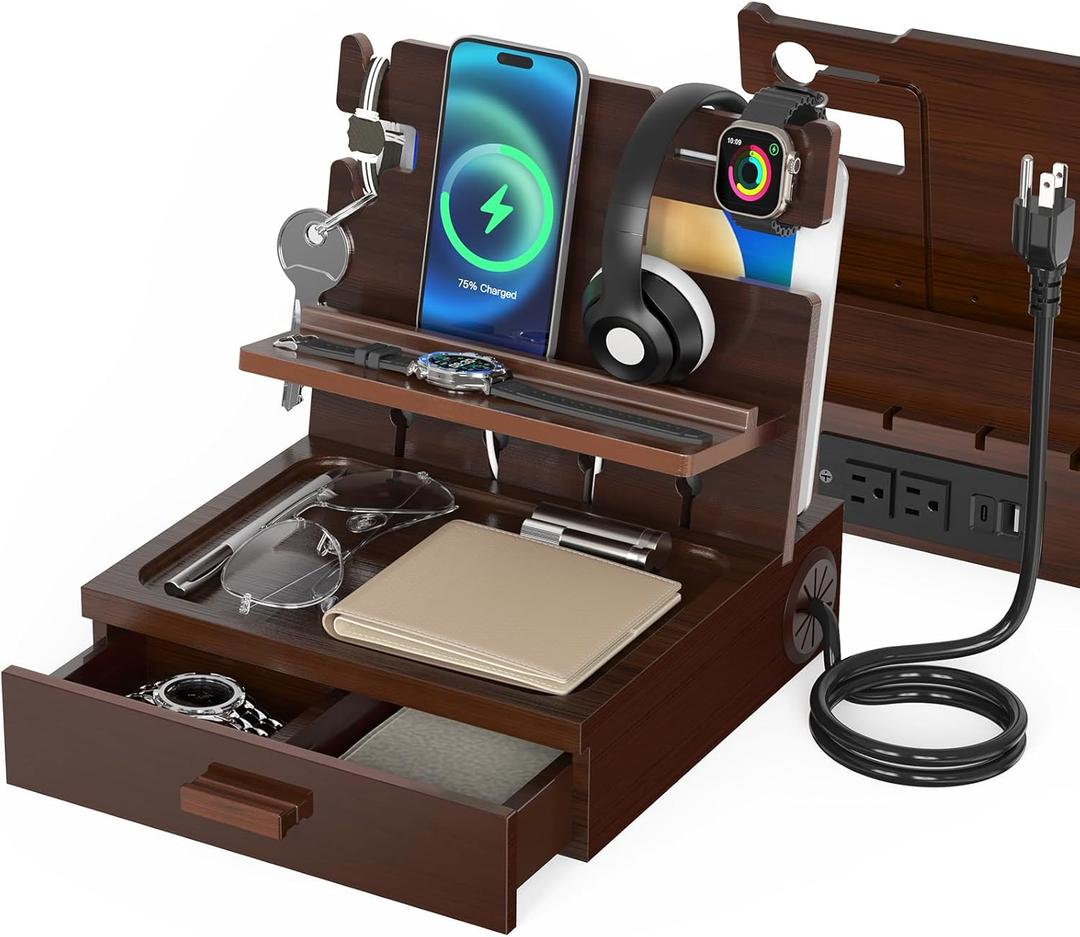 Nightstand Organizer with Charging Station, Wood Docking Station with USB Ports and Outlets, Gifts for Men, Bedside Holder with Drawer for Kindle,Phone,Key, Watch & Accessories (Stylish Brown)