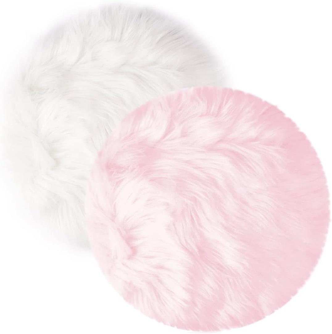 2Pack 12 Small Faux Fur Cushion Fluffy Plush Area Rug, Small Product Photo Background & Luxury Photo Props, Great for Tabletop Photography, Jewelry, Nail Art, Home Decor (Round, White + Pink) (Round, White + Pink)
