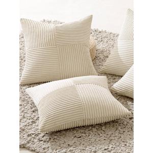 MIULEE Beige Throw Pillow Covers 18x18 Inch Set of 2 Boho Patchwork Cushion Cases Modern Farmhouse Pillow Cases with Invisible Zipper Corduroy Striped Home Decor for Couch Sofa Bedroom