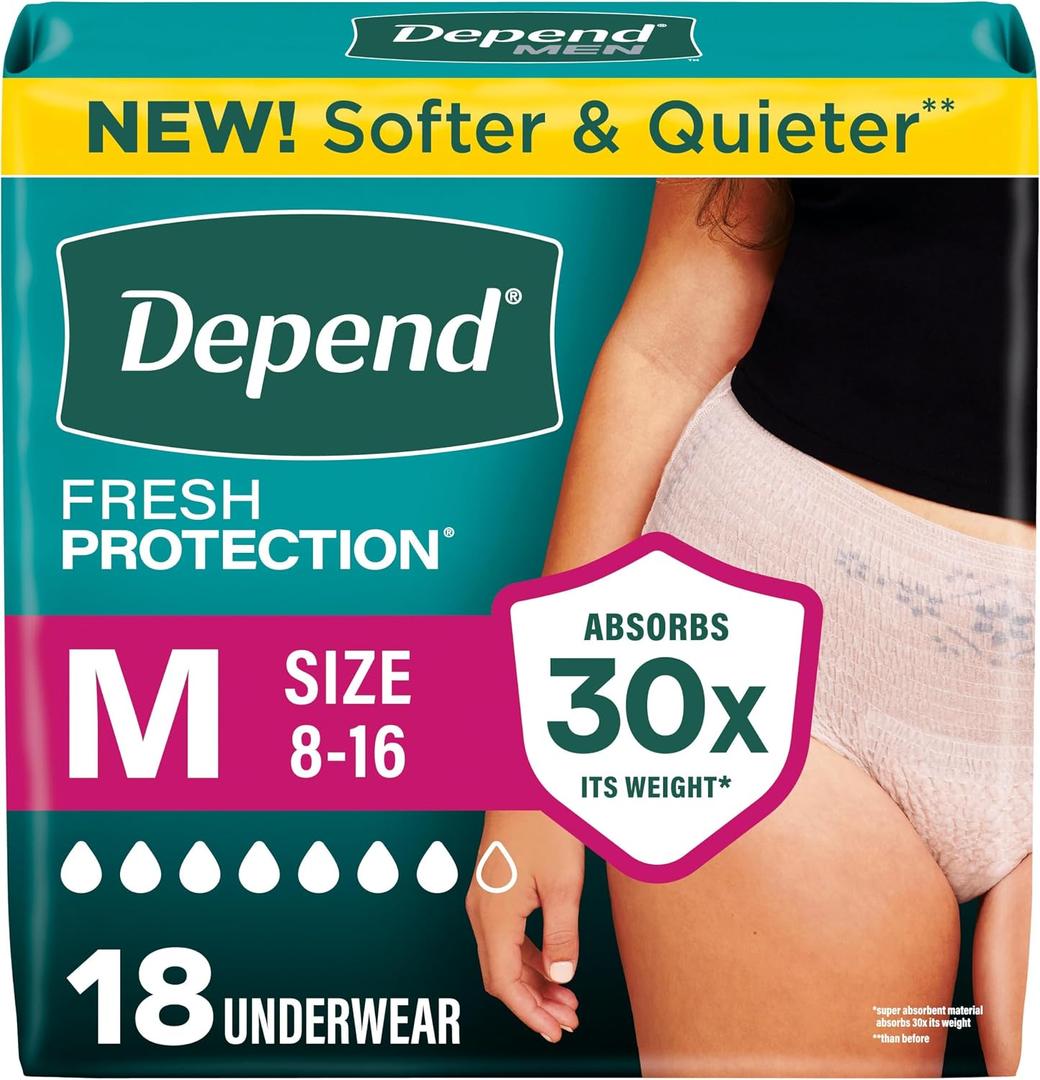 Depend Fresh Protection Adult Diapers, Incontinence Underwear for Women, Disposable, Maximum, Medium, Blush, 18 Count