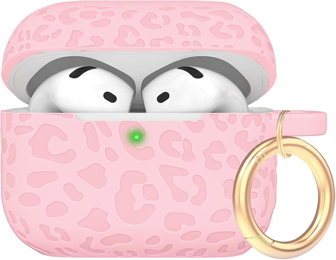 Engraved Leopard Case Compatible with AirPods 4th Generation Carving Cover with Keychain, Skin Soft Cover for Compatible with AirPods 4 Case Full Protection,Front LED Visible, Pink