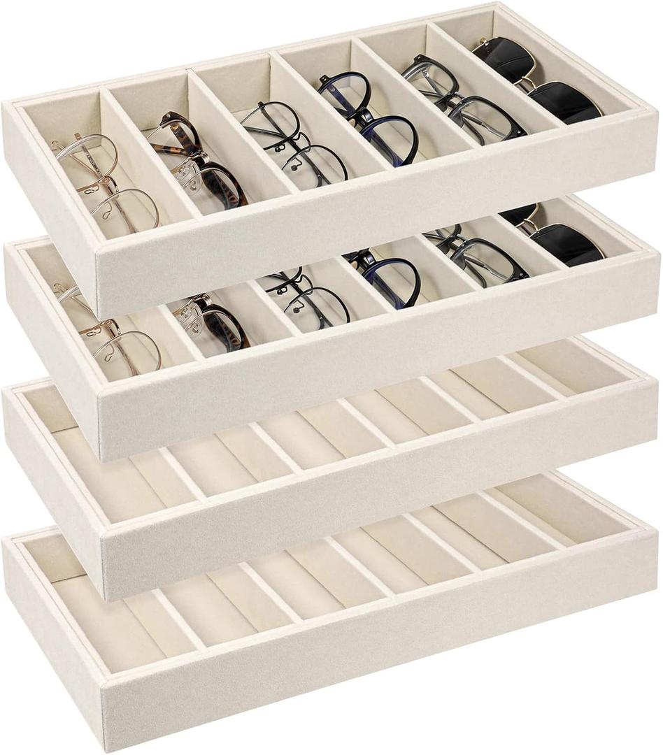 4 Pcs Velvet Sunglasses Organizer Tray 6 Grid Glasses Organizer Stackable Velvet Sunglass Tray Eyeglasses Storage Display Case for Jewelry Glasses Watch Display (Beige)