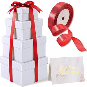 Marspark 4 Pcs Christmas Nesting Gift Boxes with Lids Stackable Square Nested Boxes Set with Ribbon Large to Small Size Prank Annoying Nested Gift Wrapping for Valentine, Weddings, Birthday(White)