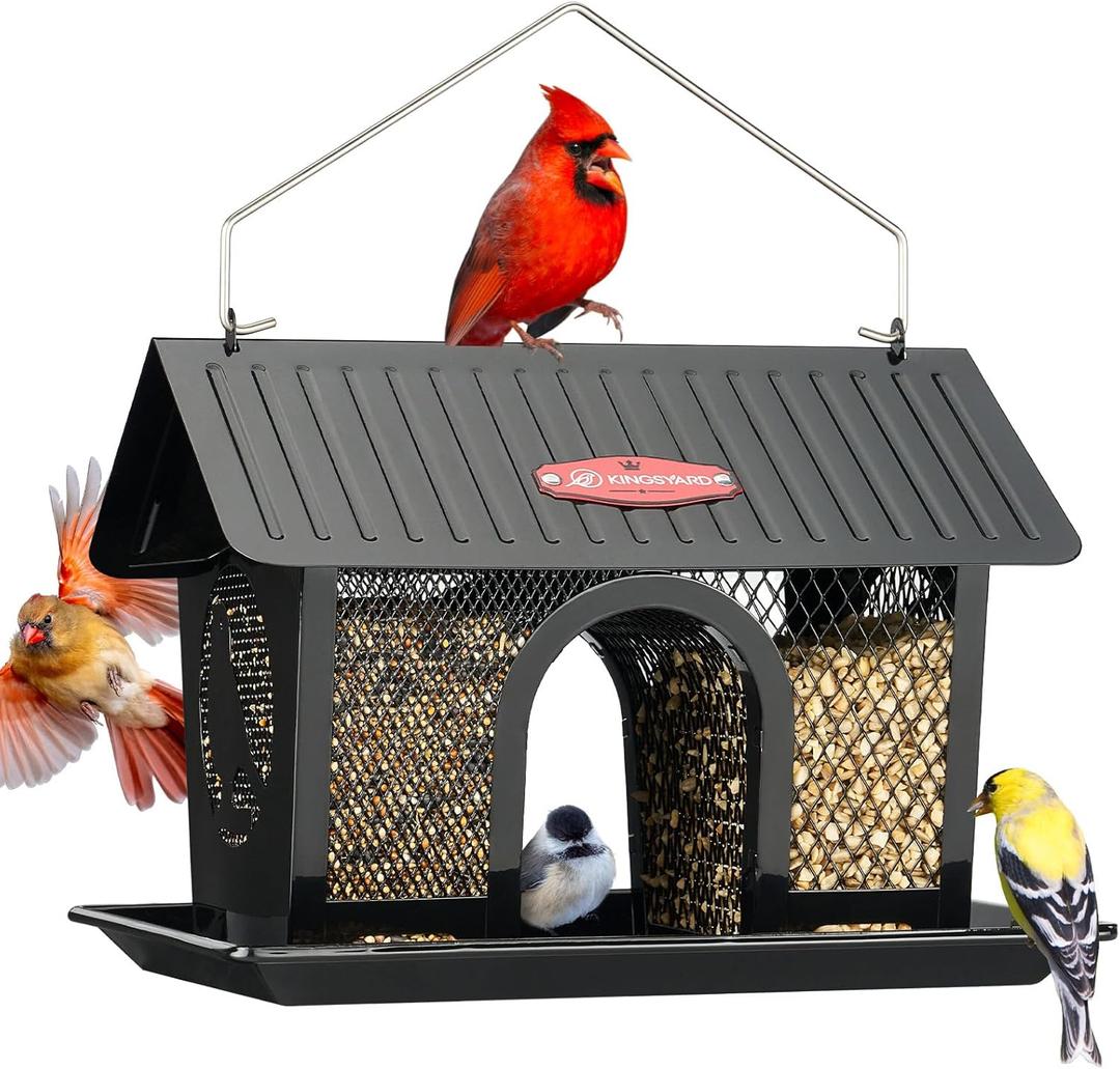 Kingsyard Bird Feeder for Outdoors Hanging, Dual-Use Metal Mesh Wild Bird Feeders with Seed Tray & Weatherproof Roof, 3 lbs Large Capacity, Black