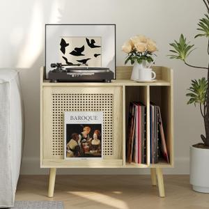 Semiocthome Record Player Stand with Vinyl Storage, Record Player Table with Rattan Cabinet Door, Vinyl Record Holder with Display Area, Side Table with Solid Wood Legs for Turntables for Living Room