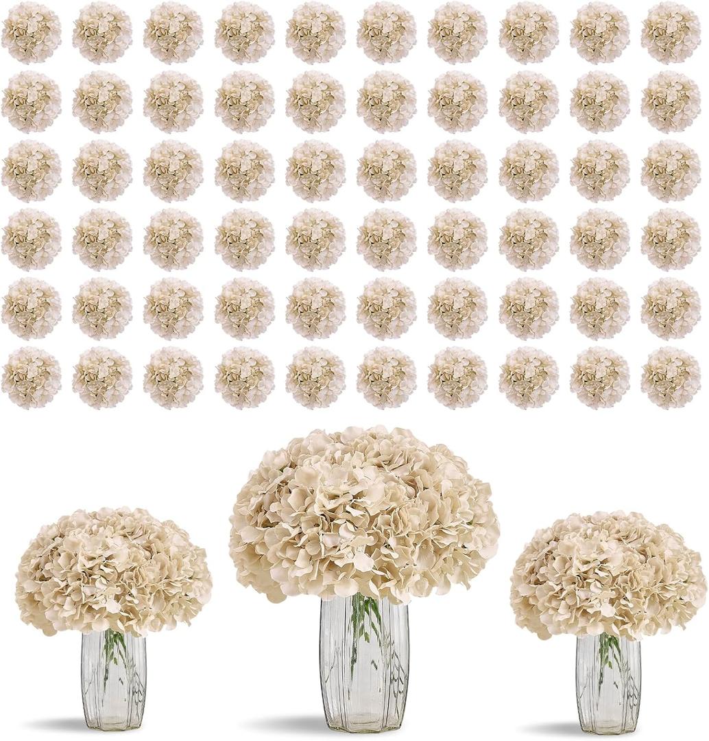 80pcs Beige Hydrangea Artificial Flowers Silk Hydrangea Heads with Stems Hydrangea Flowers for DIY Wedding Centerpiece Baby Shower Home Party Decor