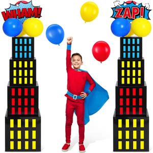Leitee 40 Pcs Hero Theme Party Decoration, Hero Theme Party Favor Boxes with Balloons and Cutouts, Skyscraper Centerpiece Boxes City Skyline Buildings Photography Backdrop for Birthday Decor(Colorful)