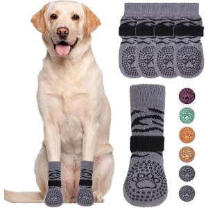 KOOLTAIL Dog Socks for Hot/Cold Pavement to Prevent Licking Paws, Dog Boots & Paw Protector for Hardwood Floors Anti Slip, Traction Control No Twist Grip Booties for Small Medium Large Senior Dogs S (Small (4 Pack), Tiger Grey)